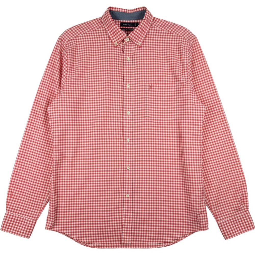 Nautica Classic Fit Stretch Gingham Shirt Men's XL Red White Button Down Long